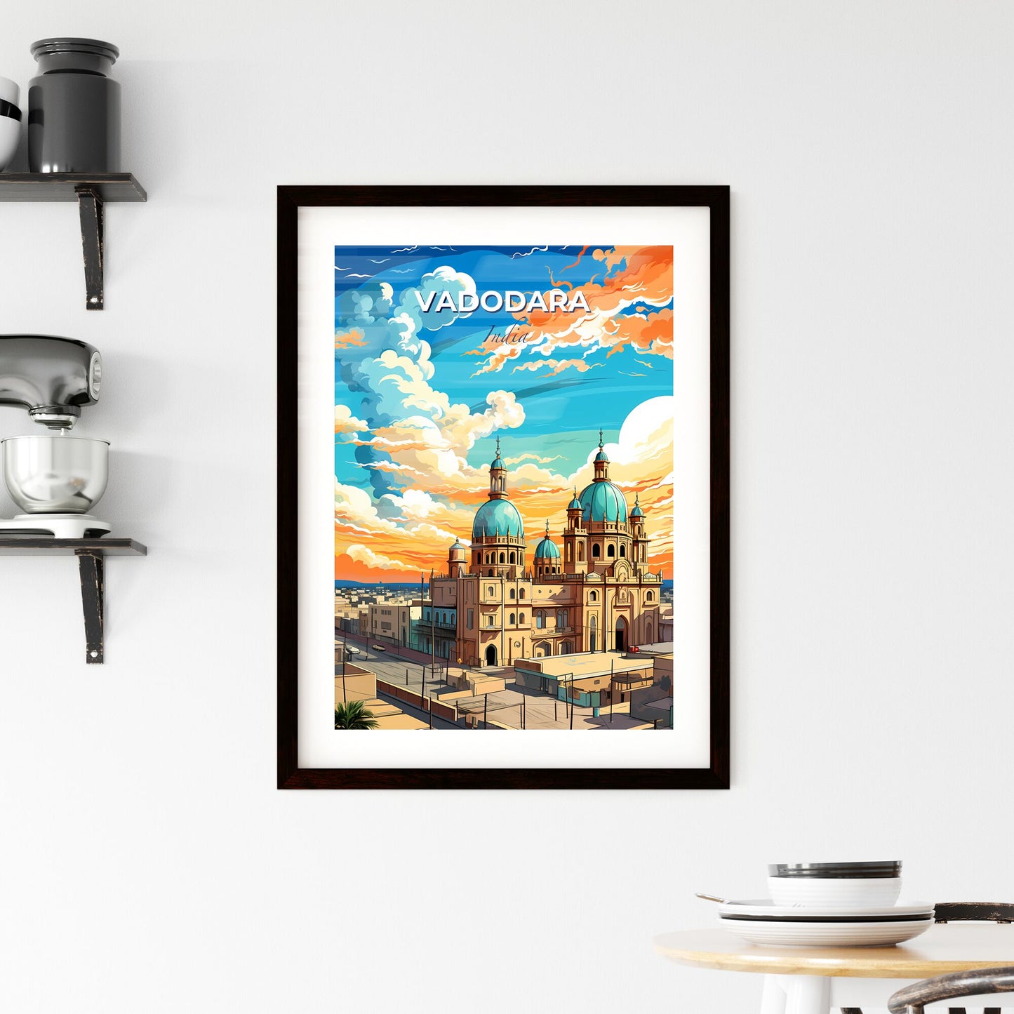 Vibrant Painting of Vadodara India Skyline: Blue Domes and Panoramic City with Sun and Clouds Default Title