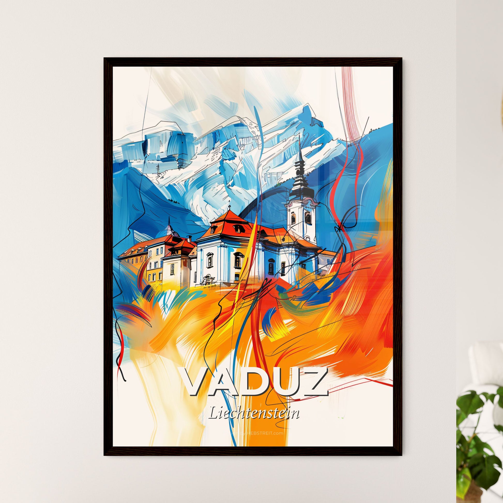 Vibrant Vaduz, Liechtenstein - A Painting Of A Building With A Steeple And A Mountain In The Background