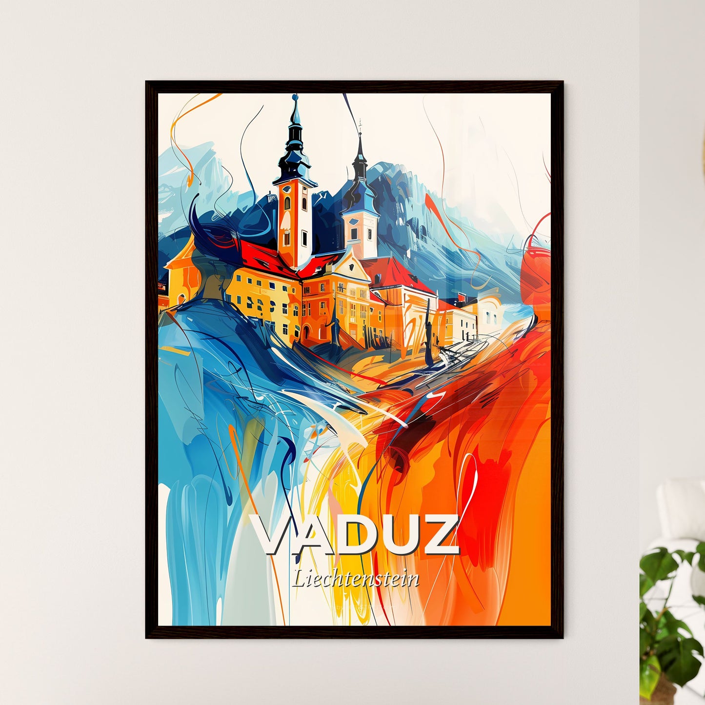 Vibrant Vaduz, Liechtenstein - A Painting Of A Building With Towers And A Mountain In The Background