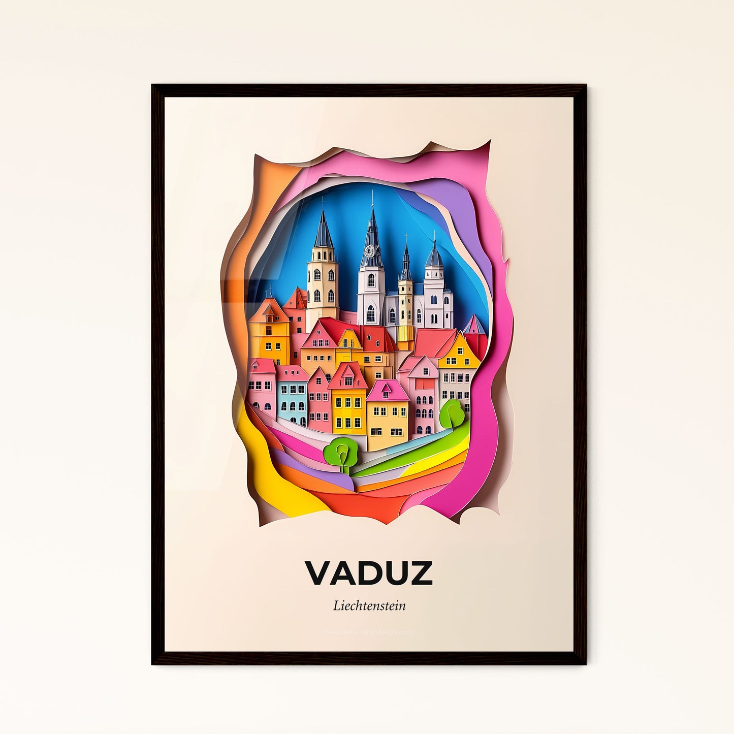 Vivid Vaduz, Liechtenstein - a paper cut of a city with a clock