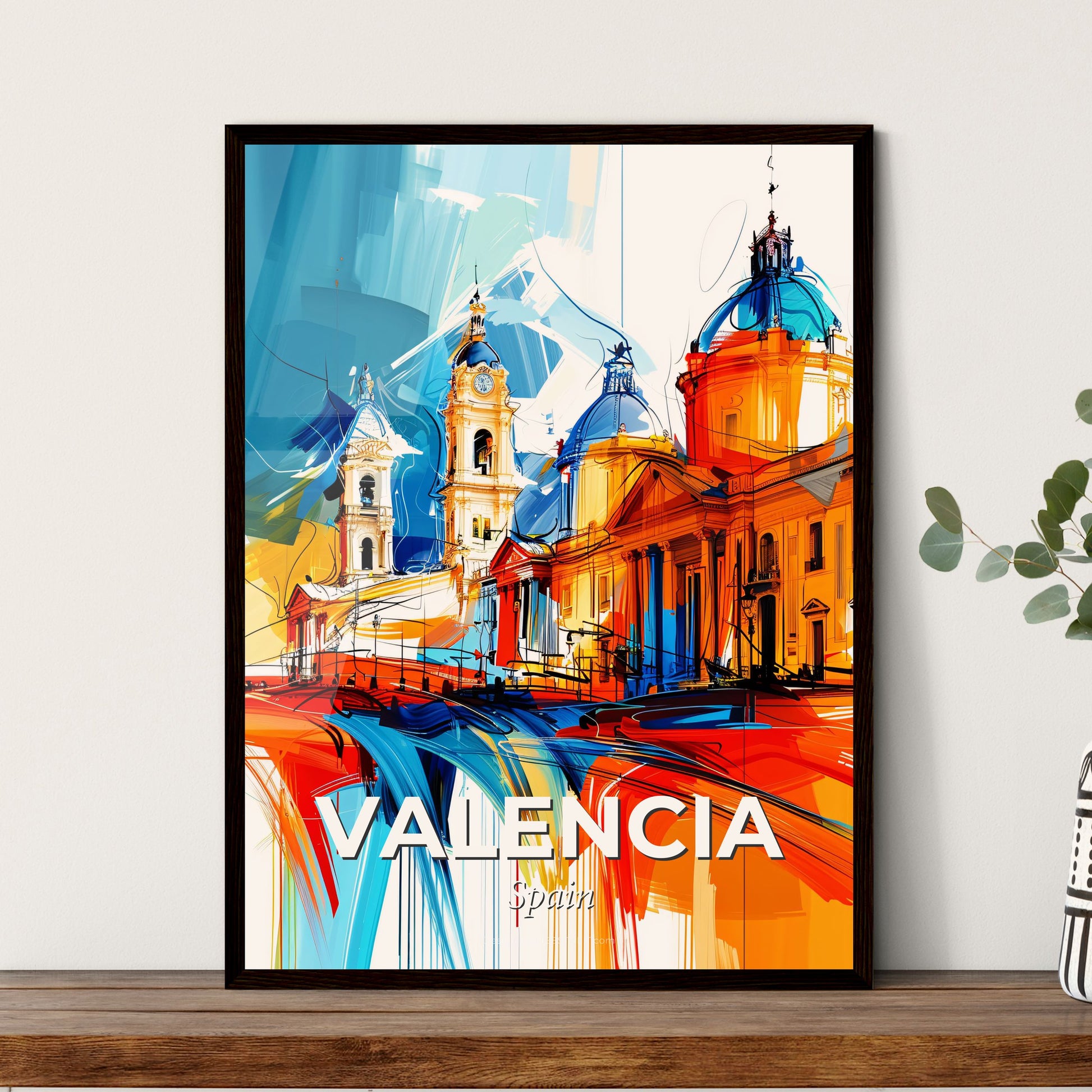 Vibrant Valencia, Spain - A Painting Of A Building With Towers And A Blue And Orange Background