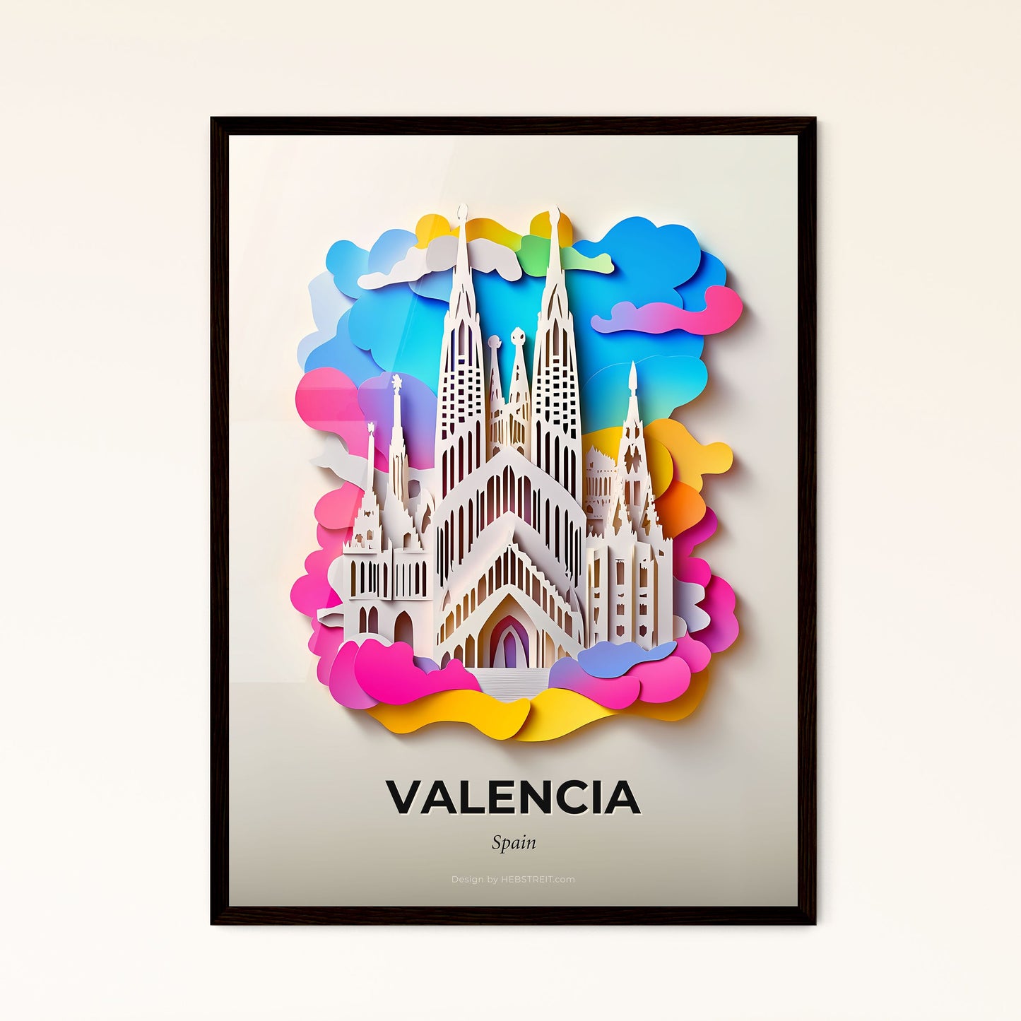 Vivid Valencia, Spain - a paper cut of a church with a rainbow background