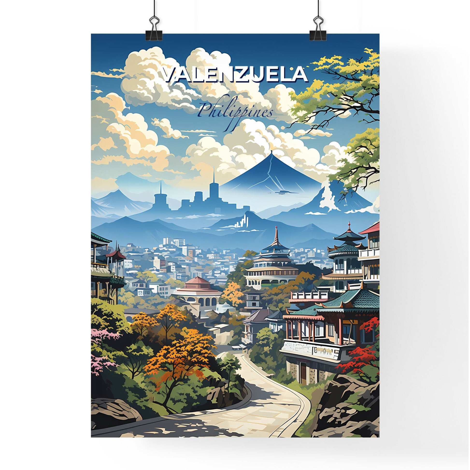 Vibrant Painting Depicting Valenzuela Philippines Skyline with Serene Mountain Backdrop Default Title