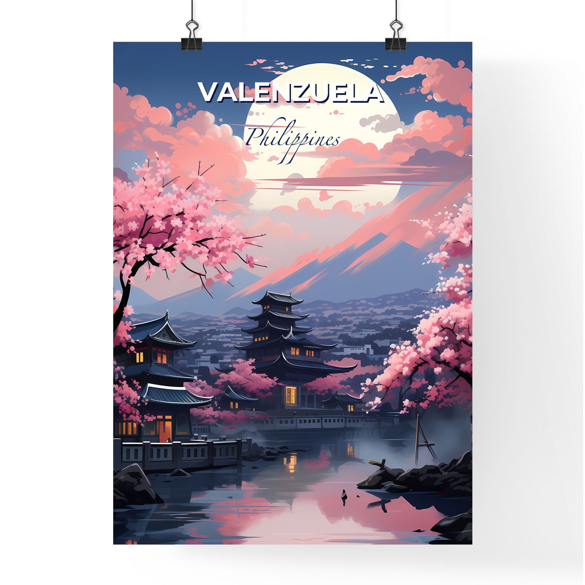 Valenzuela Philippines City Skyline Vibrant Art Landscape River Building Pink Blossoms Default Title