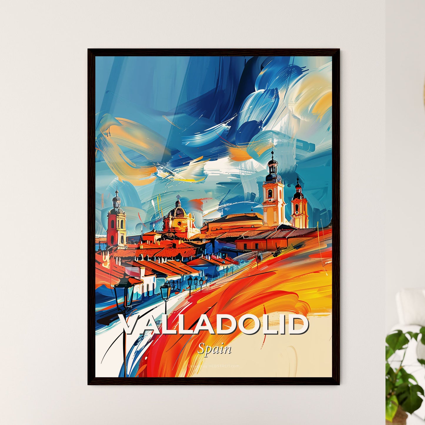 Vibrant Valladolid, Spain - A Painting Of A Town With A Colorful Sky