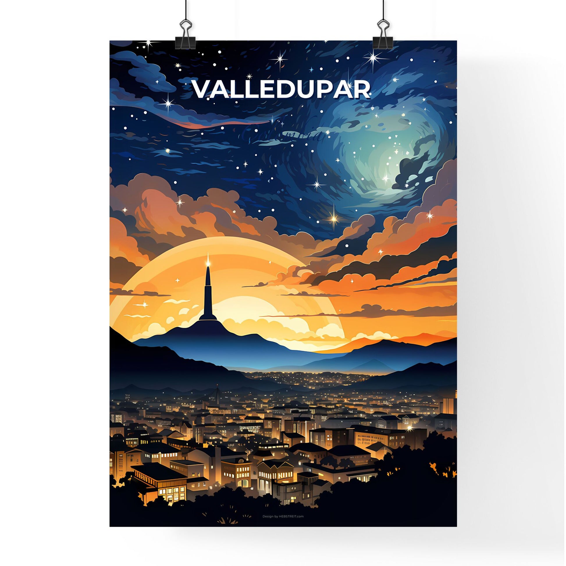 Colorful Painting of Valledupar City Skyline with a Tower in the Distance, Colombia Default Title