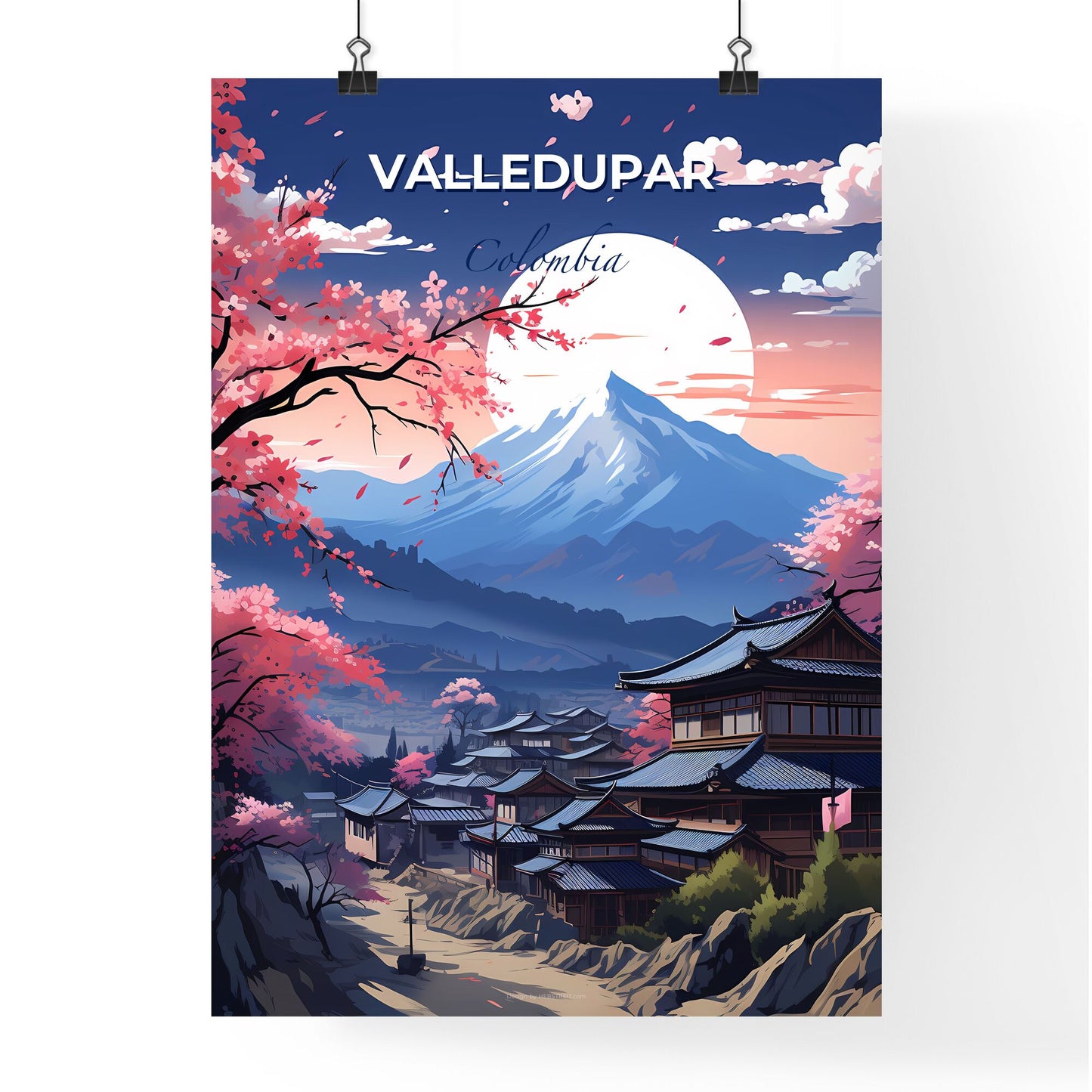 Vibrant Painting of Valdupar, Colombia Mountain Village Skyline Default Title