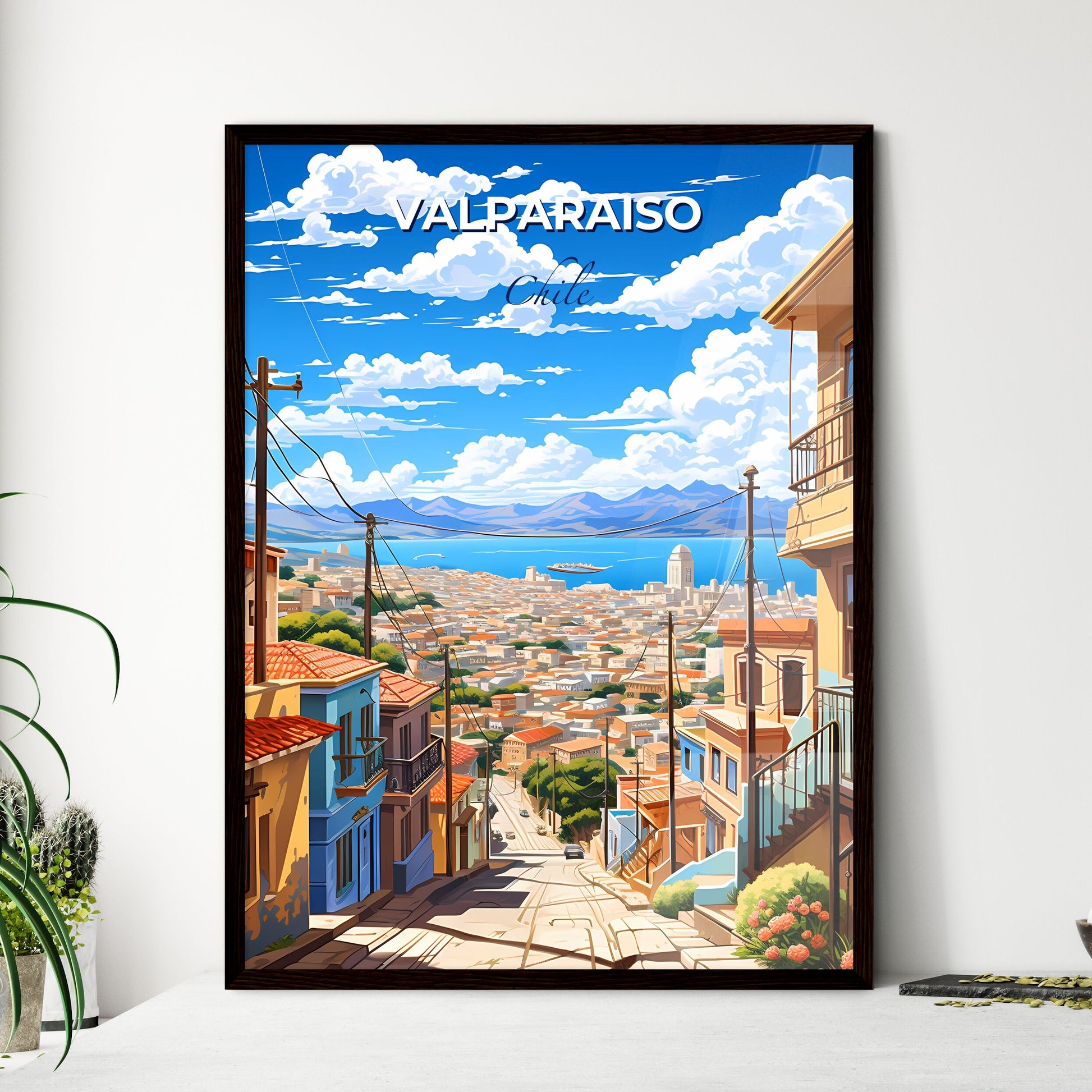 Colorful Cityscape Painting of Valparaiso Skyline, Chile, Featuring Vibrant Buildings and Scenic Seafront Default Title