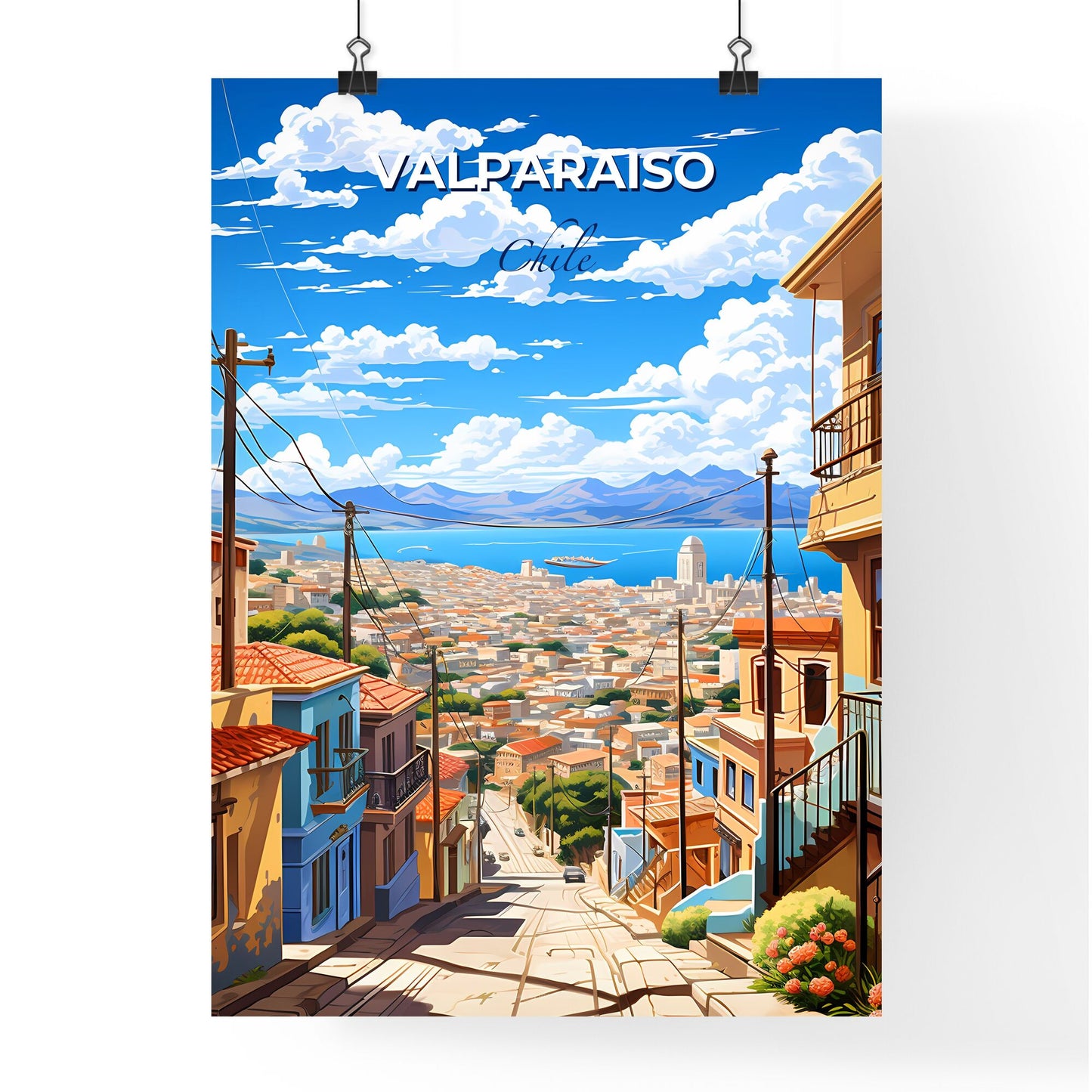 Colorful Cityscape Painting of Valparaiso Skyline, Chile, Featuring Vibrant Buildings and Scenic Seafront Default Title