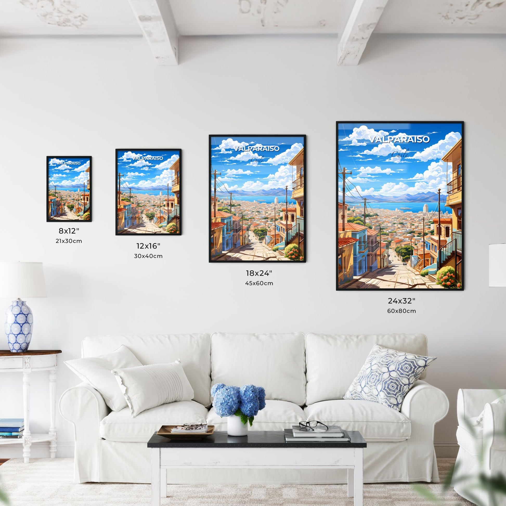 Colorful Cityscape Painting of Valparaiso Skyline, Chile, Featuring Vibrant Buildings and Scenic Seafront Default Title