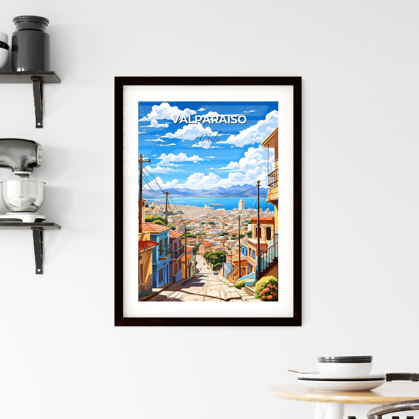 Colorful Cityscape Painting of Valparaiso Skyline, Chile, Featuring Vibrant Buildings and Scenic Seafront Default Title