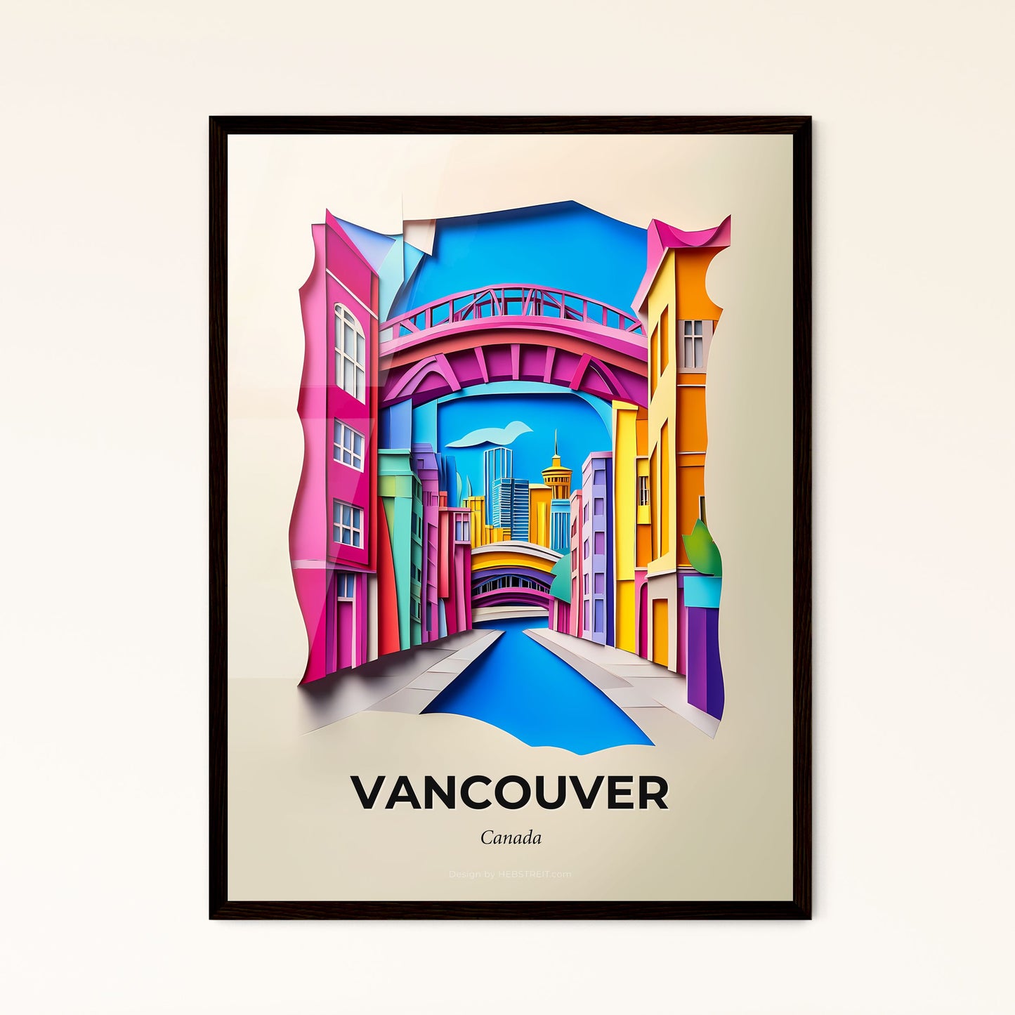 Vivid Vancouver, Canada - a colorful city street with a bridge and buildings