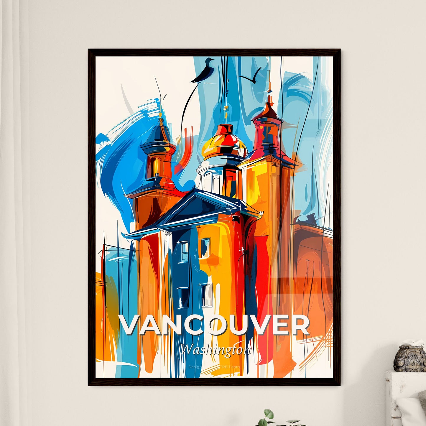 Vibrant Vancouver, Washington - A Painting Of A Building With Towers And Birds