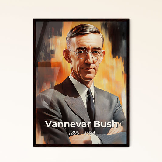 Portrait of Vannevar Bush, 1890 - 1974. Impressionistic painting of a man in a suit and tie.