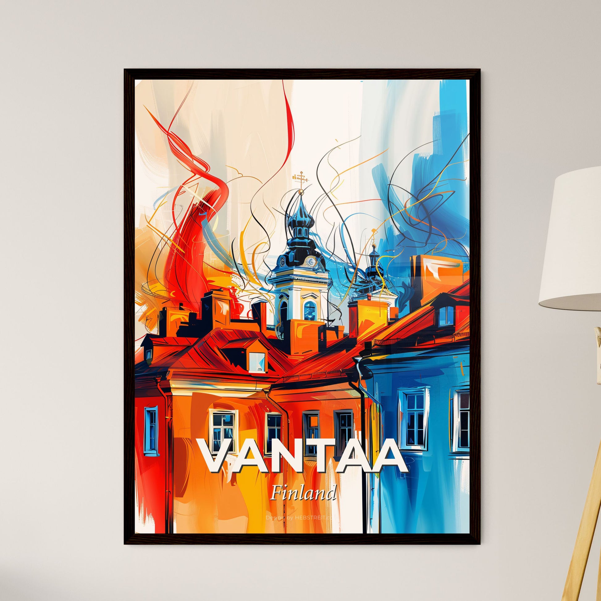 Vibrant Vantaa, Finland - A Painting Of A Building With A Tower And A Cross On Top