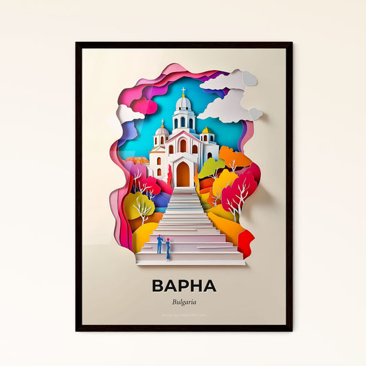 Vivid Varna, Bulgaria - a paper cut of a church with a man walking up the steps