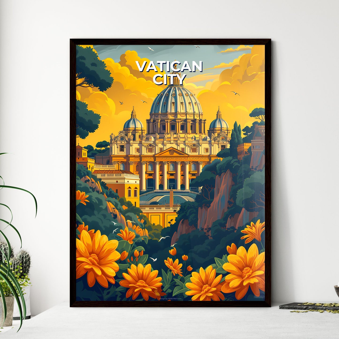 Vatican City, Italy - Panoramic View of a Dome Building, Columns, Trees, Flowers, Painting, Art