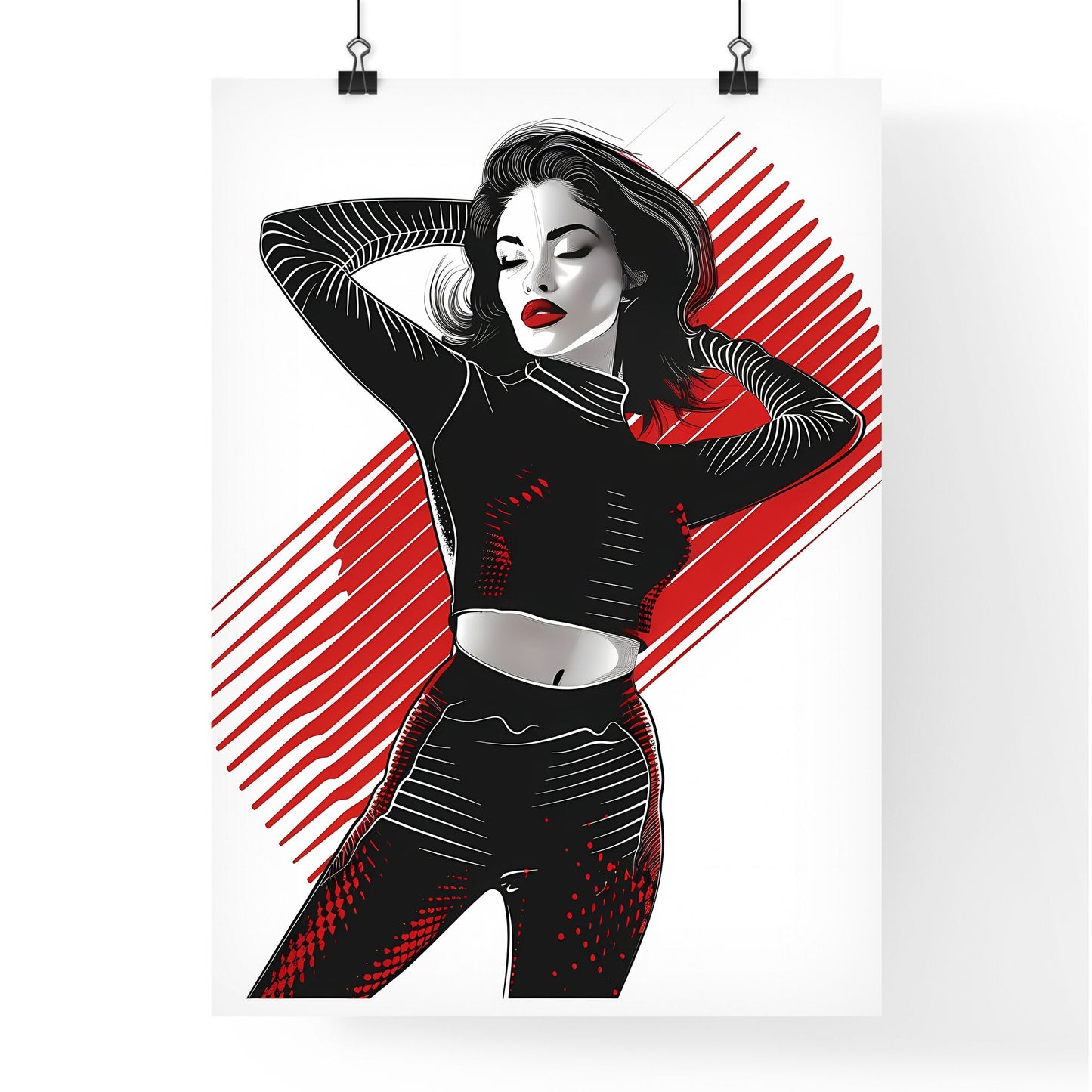 Fashion Illustration: Hyper-Detailed Woman in Striking Pose with Moire Effect Elements in Vibrant Black, White, and Red Default Title