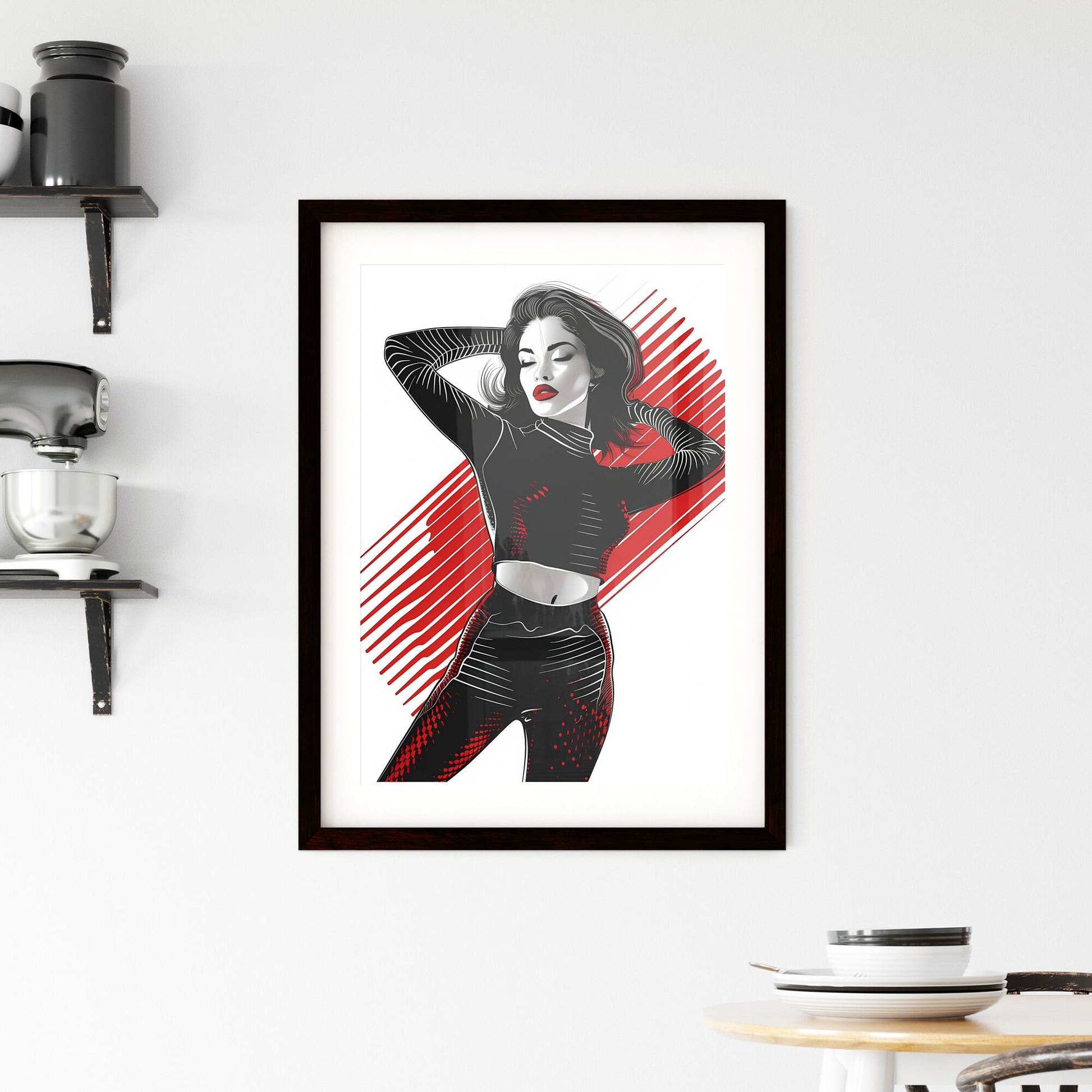 Fashion Illustration: Hyper-Detailed Woman in Striking Pose with Moire Effect Elements in Vibrant Black, White, and Red Default Title