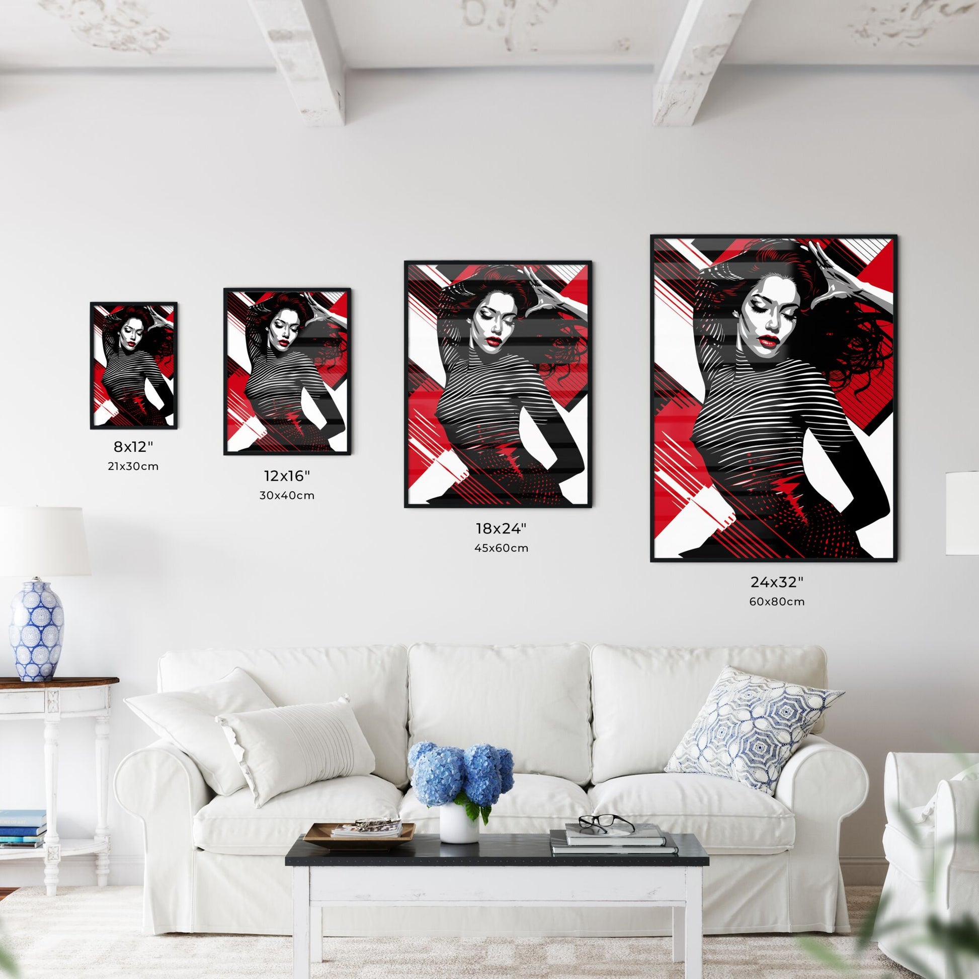 Fashion Illustration, Hyper-Detailed Female Model, Moire Effect, Windswept Hair, Art Focus, Black and White with Red Highlights Default Title