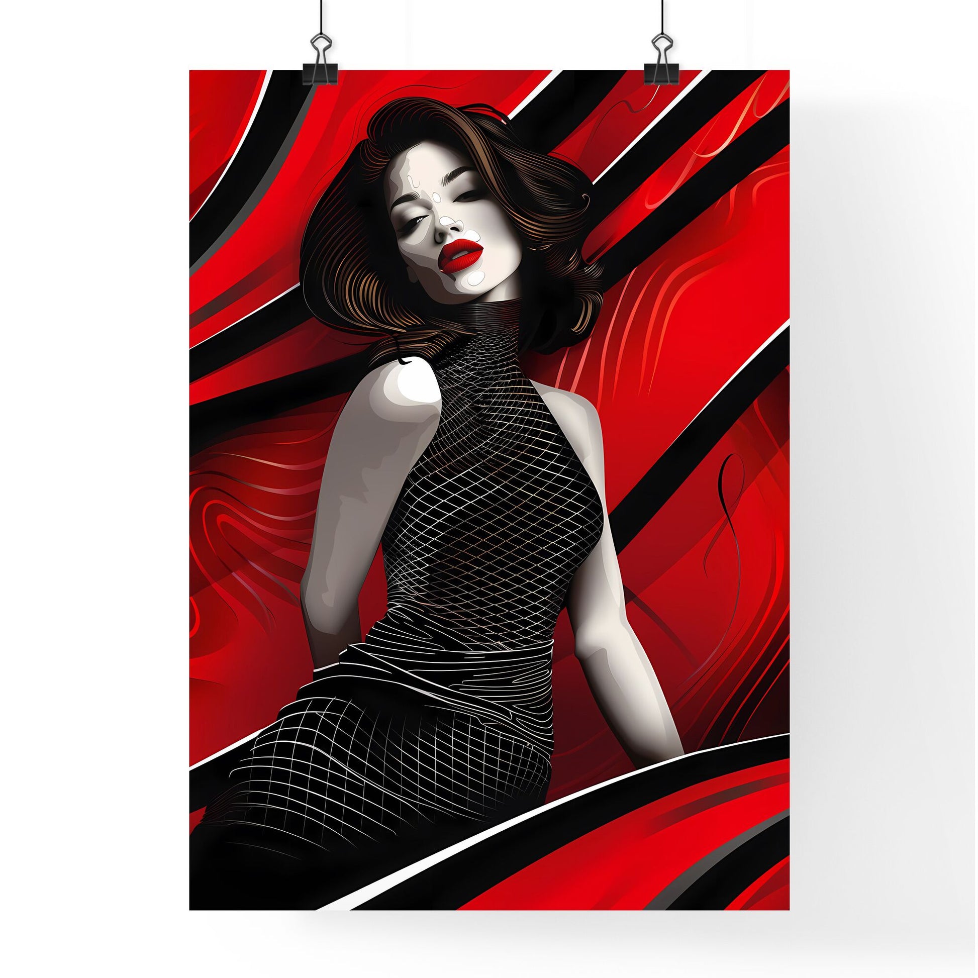 Fashion Illustration Painting, Detailed Female Figure, Red and Black, Moiré Effect, Black Dress, Vibrant Art Default Title