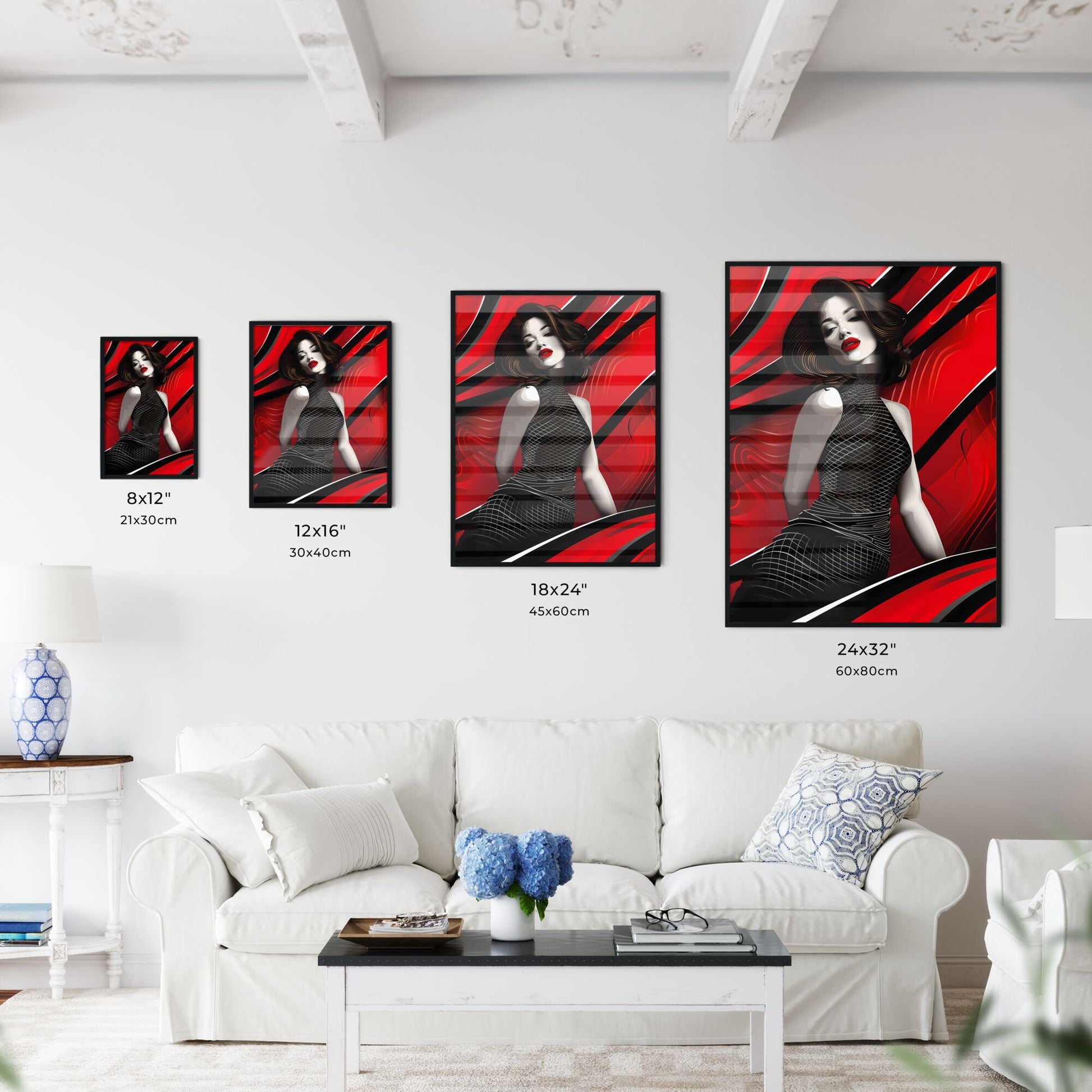 Fashion Illustration Painting, Detailed Female Figure, Red and Black, Moiré Effect, Black Dress, Vibrant Art Default Title