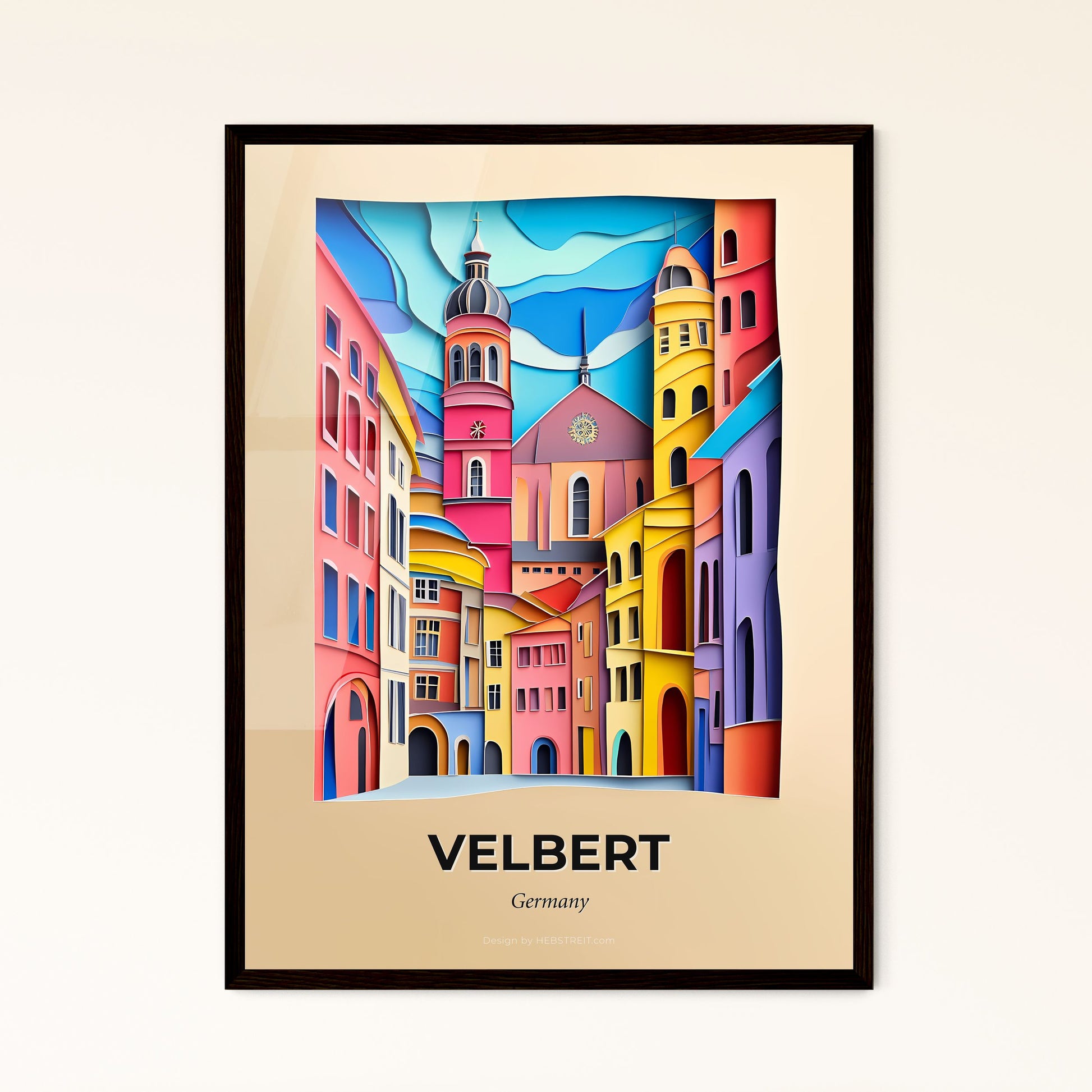 Vivid Velbert, Germany - a painting of a city with a clock tower