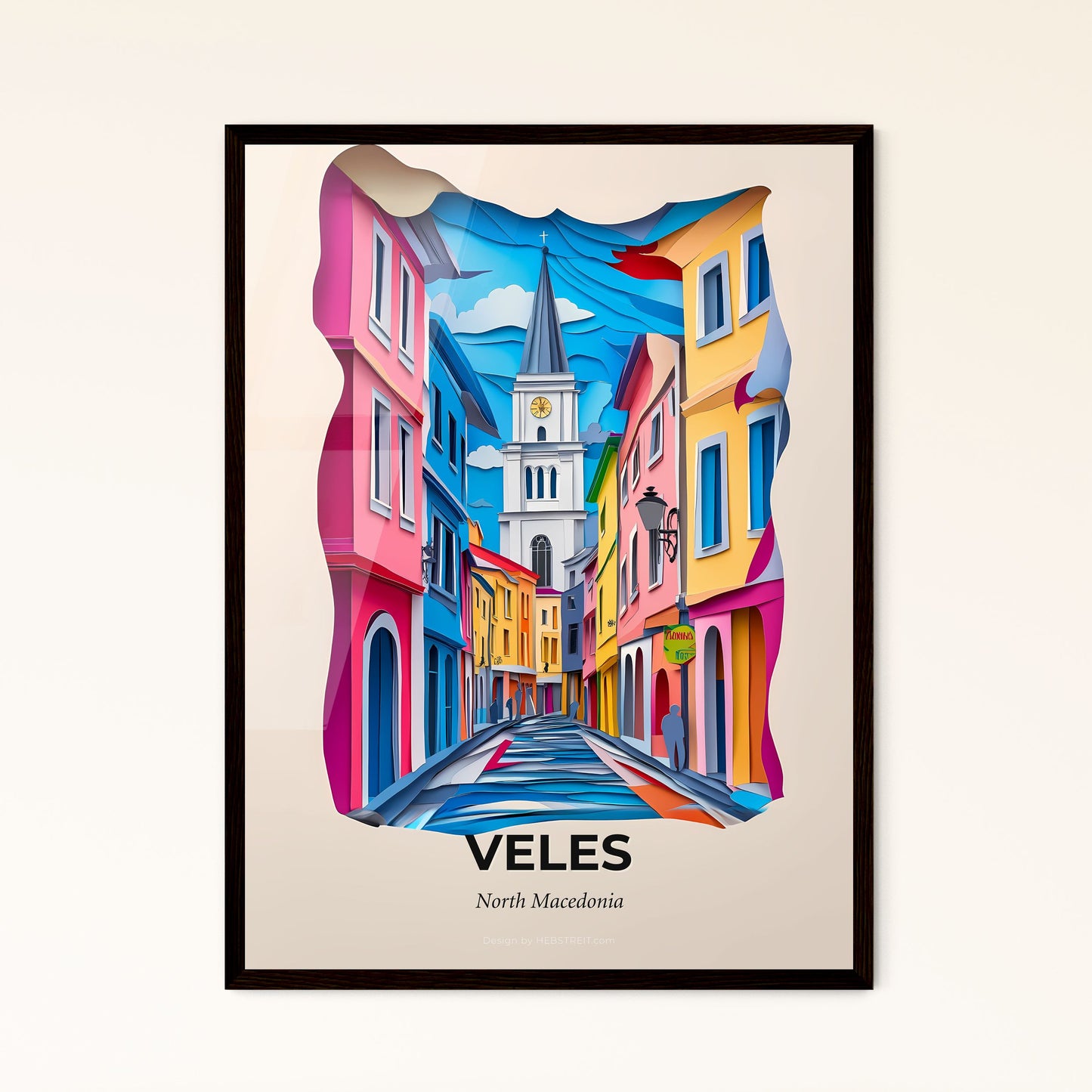 Vivid Veles, North Macedonia - a painting of a street with a clock tower