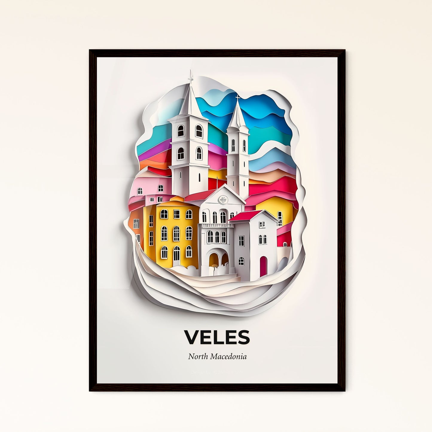 Vivid Veles, North Macedonia - a paper cut of a church and a rainbow colored sky