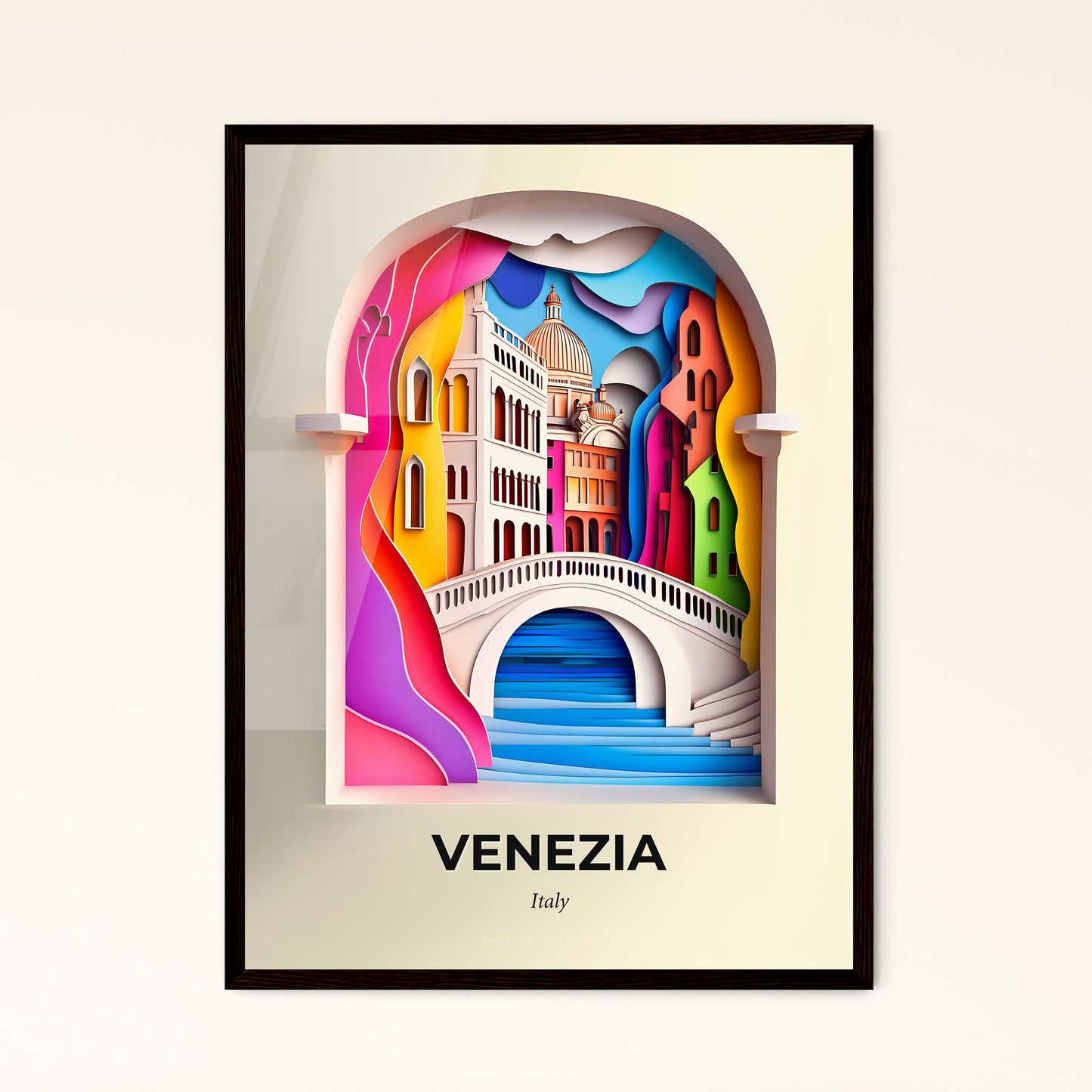 Vivid Venice, Italy - a colorful paper cut of a bridge and buildings