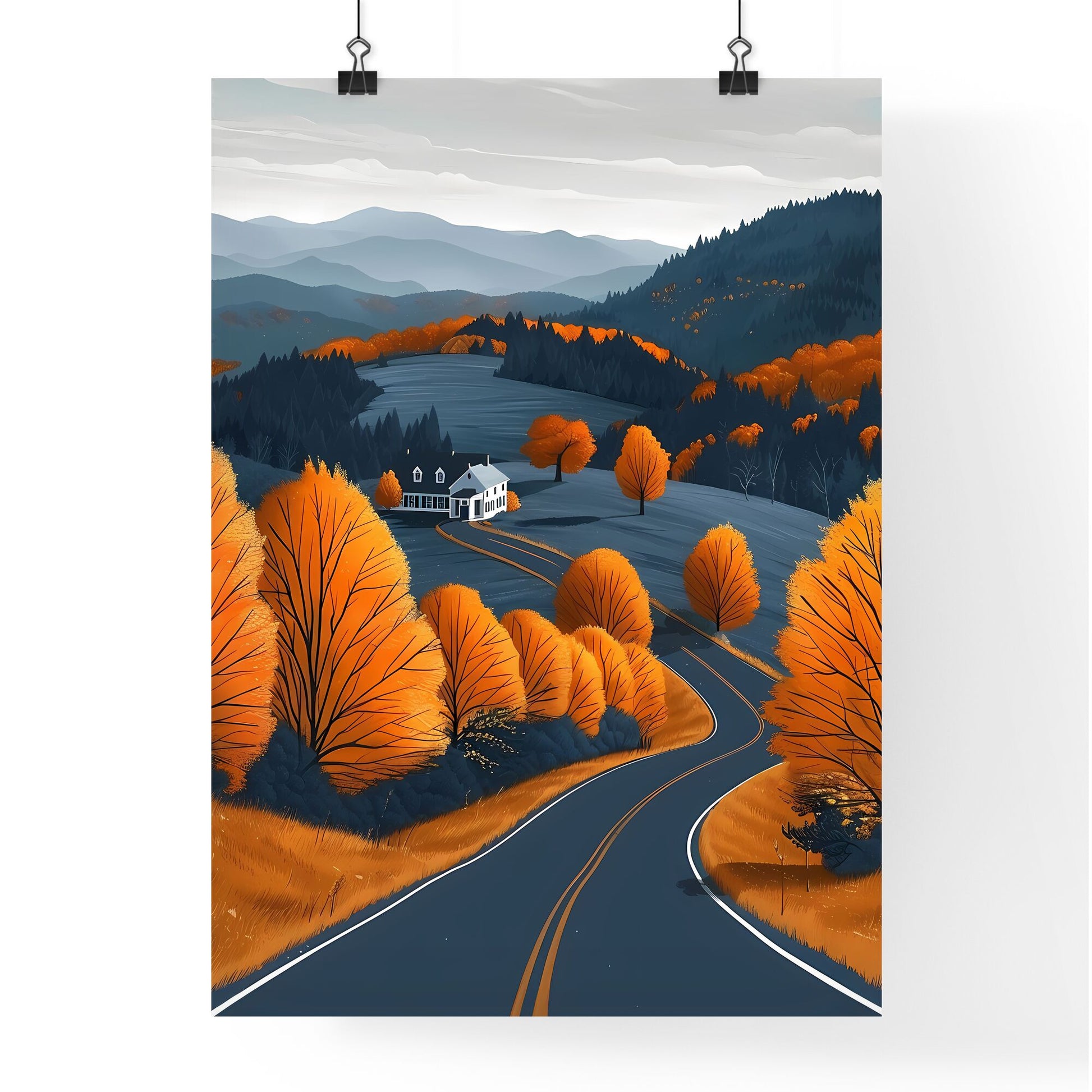 Artistic Impressions: Road Trip through Vermont - Vibrant Painting Depicting Rustic Landscape with Trees and House Default Title