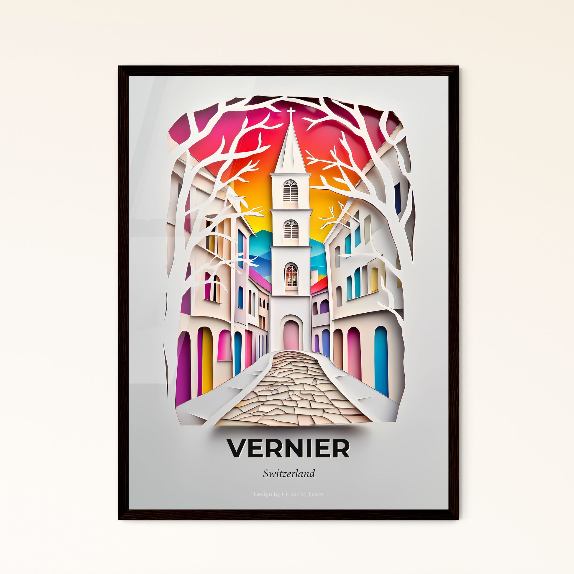 Vivid Vernier, Switzerland - a paper cut of a church tower in a city