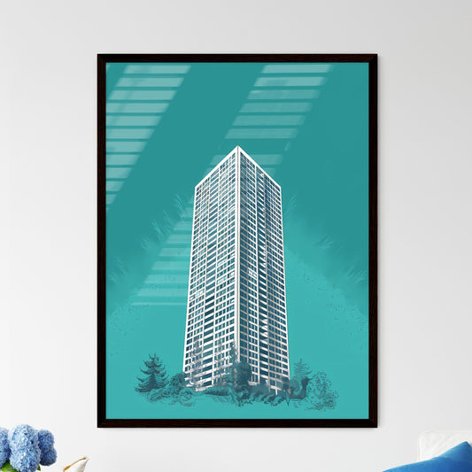 Vibrant and Modern Line Art Skyscraper with Aqua Background and Botanical Elements Framed Art