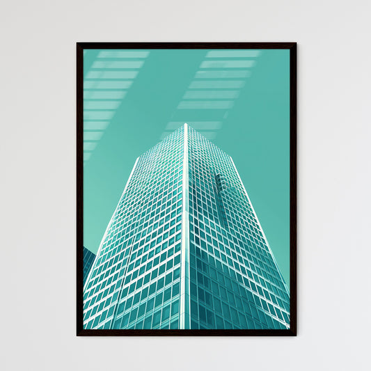 Modern minimalist skyscraper cityscape art, line drawing of tall building with windows, abstract blue background, room for text Framed Art