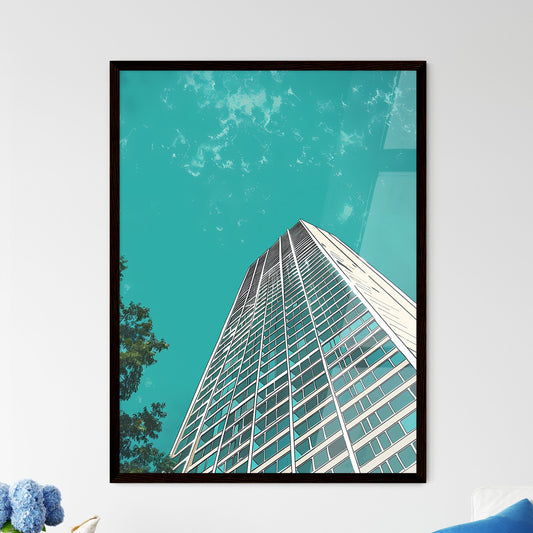 Vibrant painting with a focus on the art aspect, featuring a simple line art drawing of a high-rise building with many windows, white lines on aqua background, with room for text. Framed Art