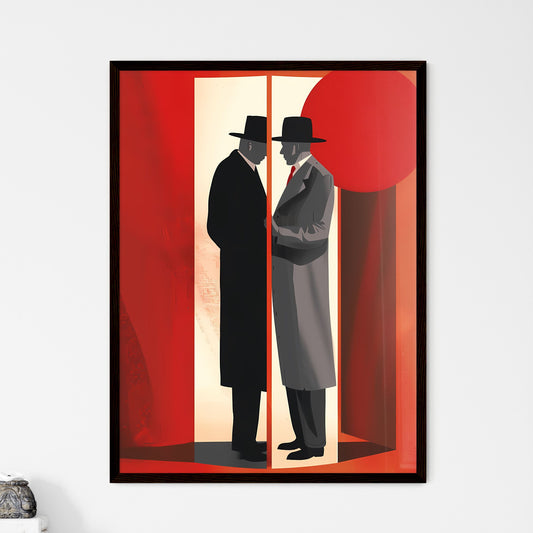 Abstract painting - Two men stand together in front of a red wall, creating a minimalist illustration with vibrant colors and a modern art style. Default Title