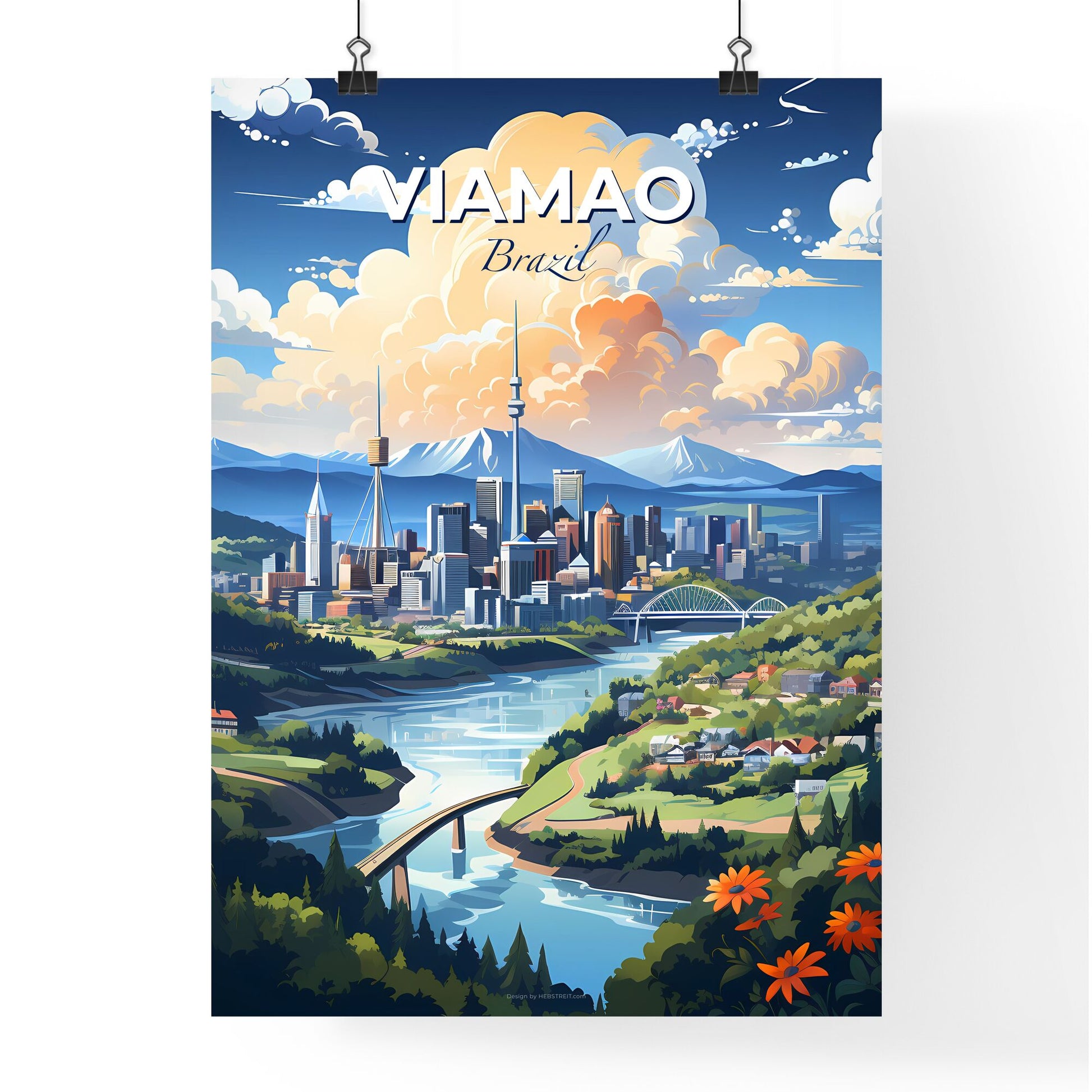 Vivid Painting of Viamao, Brazil's Skyline with River and Mountainscape Default Title