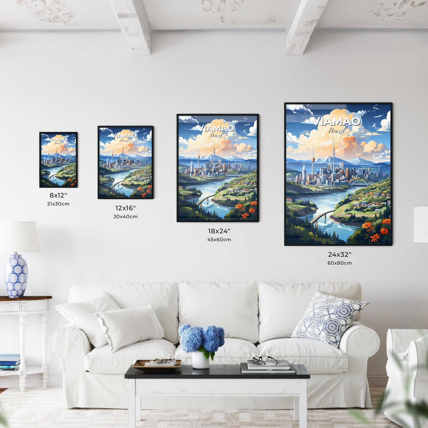 Vivid Painting of Viamao, Brazil's Skyline with River and Mountainscape Default Title