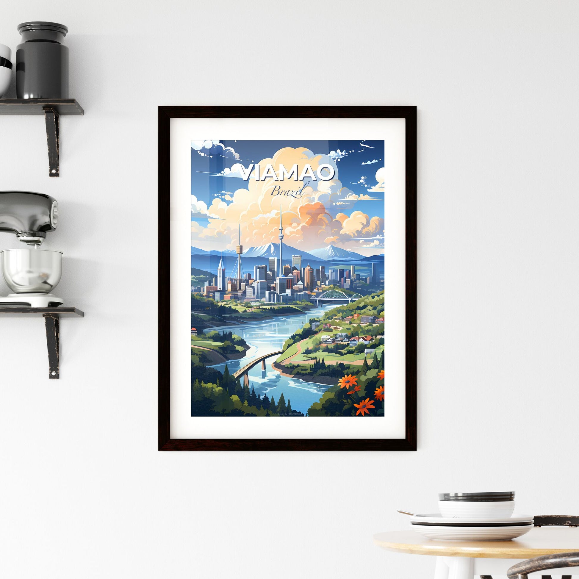 Vivid Painting of Viamao, Brazil's Skyline with River and Mountainscape Default Title