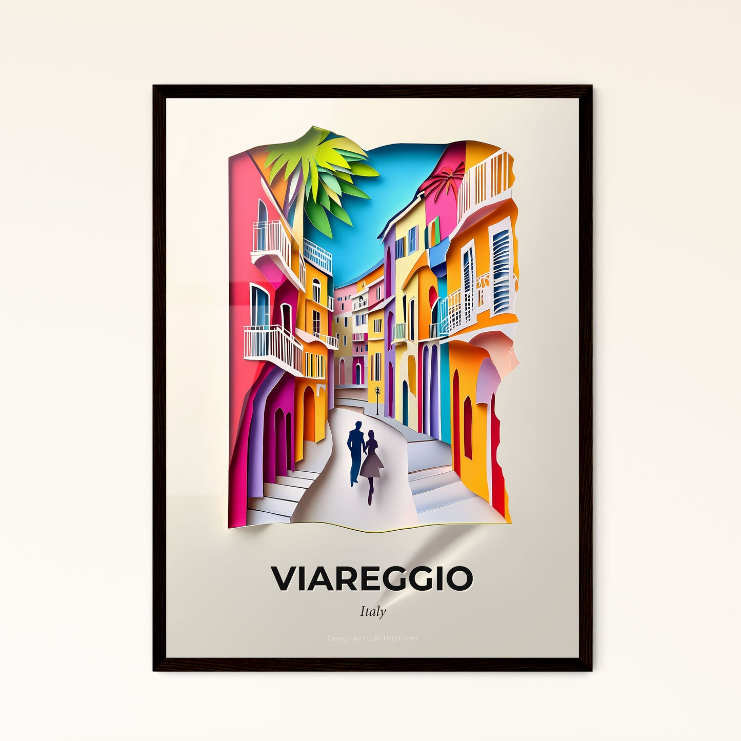 Vivid Viareggio, Italy - a couple walking down a street past a colorful building