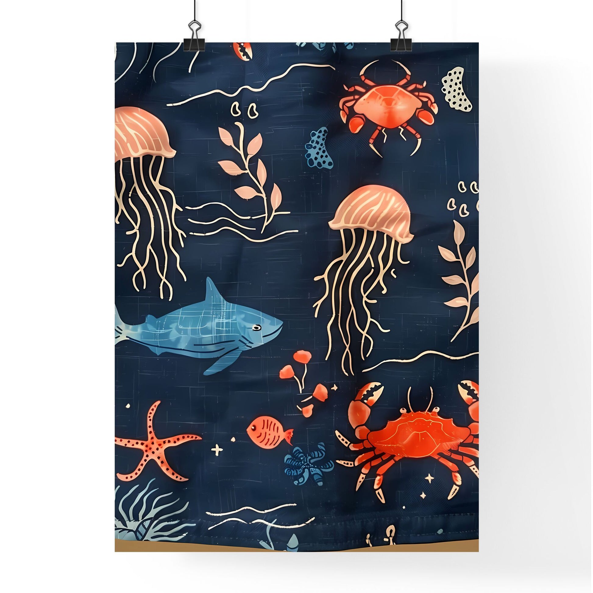 Vibrant Blue Marine Canvas Art: Playful Fish and Jellyfish Patterns in White and Blue Default Title