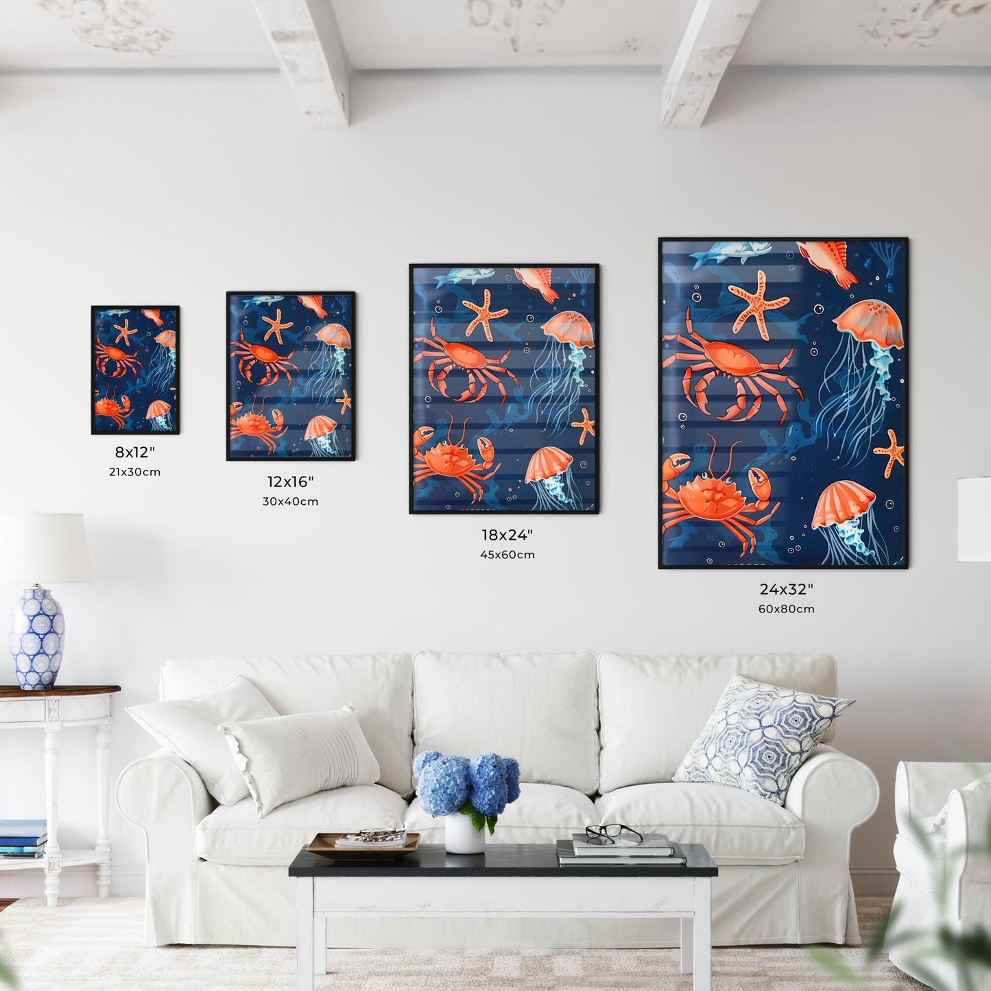 Vibrant Marine Canvas: Blue Ocean Hues Adorned with Playful Fish, Jellyfish, and Crabs Default Title
