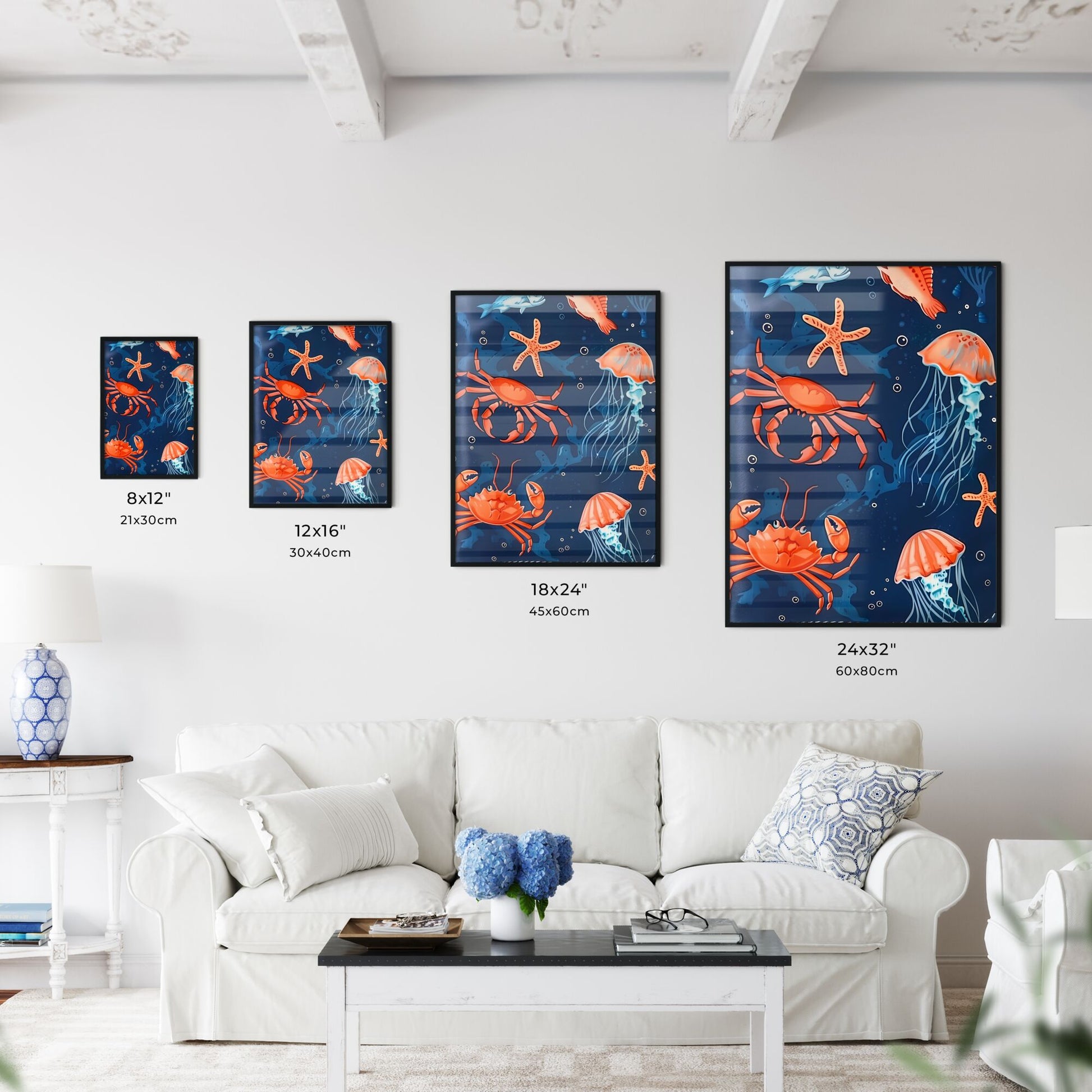 Vibrant Marine Canvas: Blue Ocean Hues Adorned with Playful Fish, Jellyfish, and Crabs Default Title