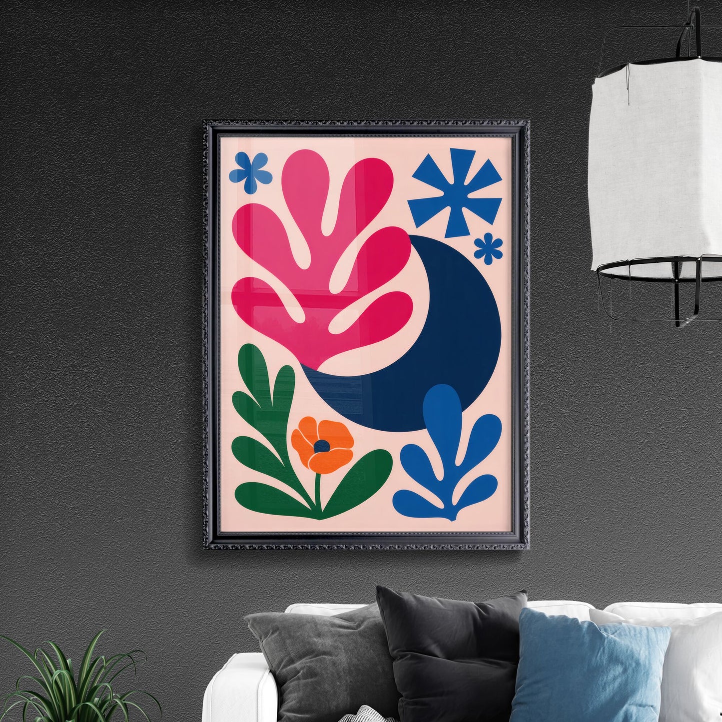 Vibrant Abstract Floral Composition with Colorful Botanicals and Geometric Shapes on Soft Pink Background.