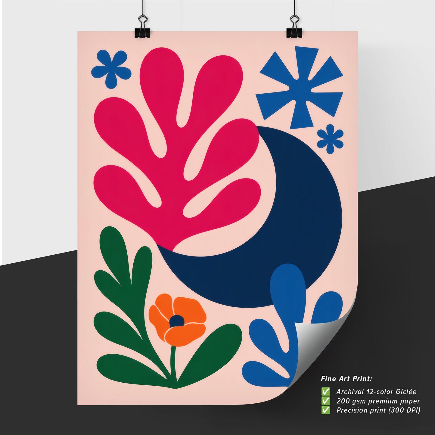Vibrant Abstract Floral Composition with Colorful Botanicals and Geometric Shapes on Soft Pink Background.
