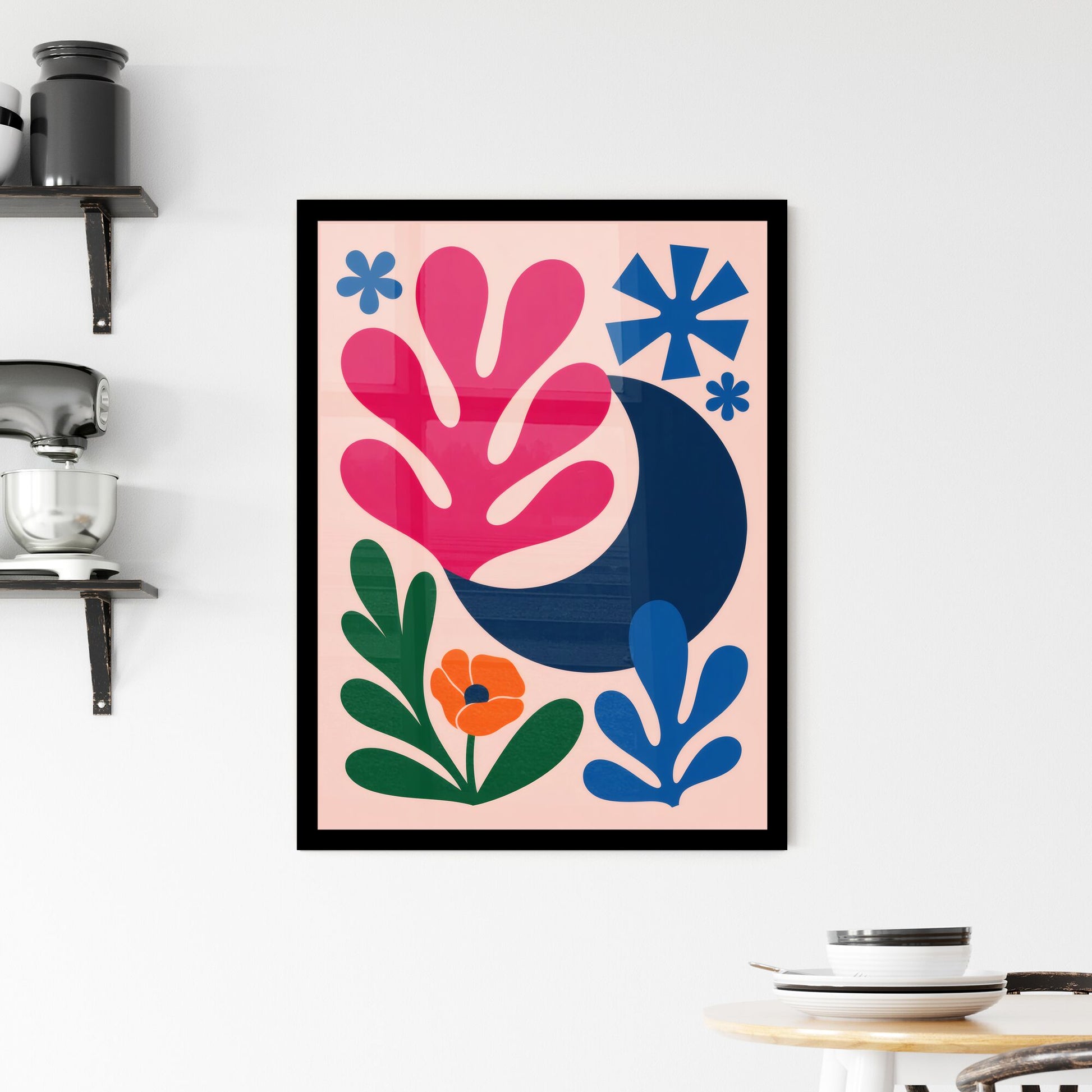 Vibrant Abstract Floral Composition with Colorful Botanicals and Geometric Shapes on Soft Pink Background. Framed Print