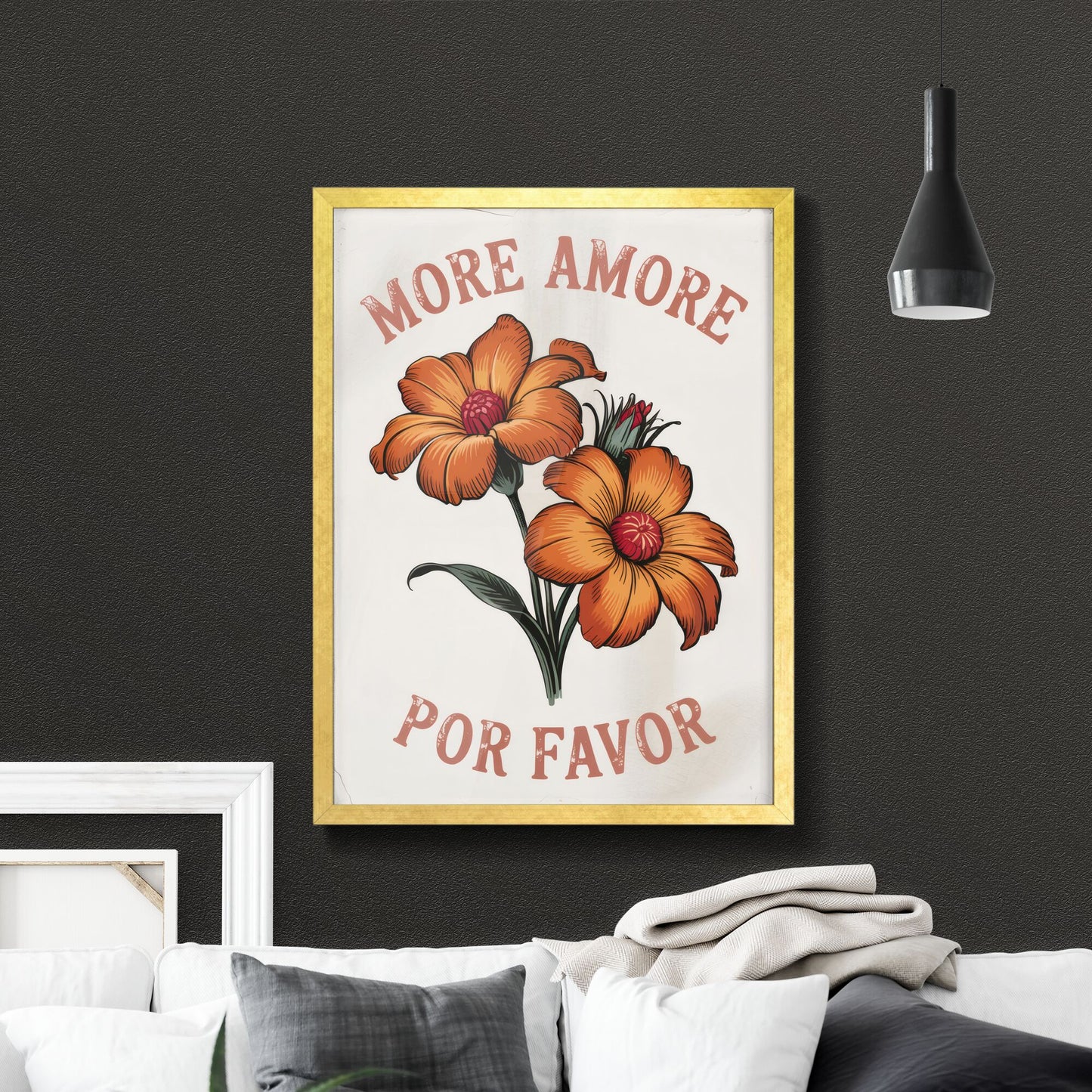 Vibrant Floral Art with Message: 'More Amore Por Favor' Capturing Love and Warmth in Vintage Style.