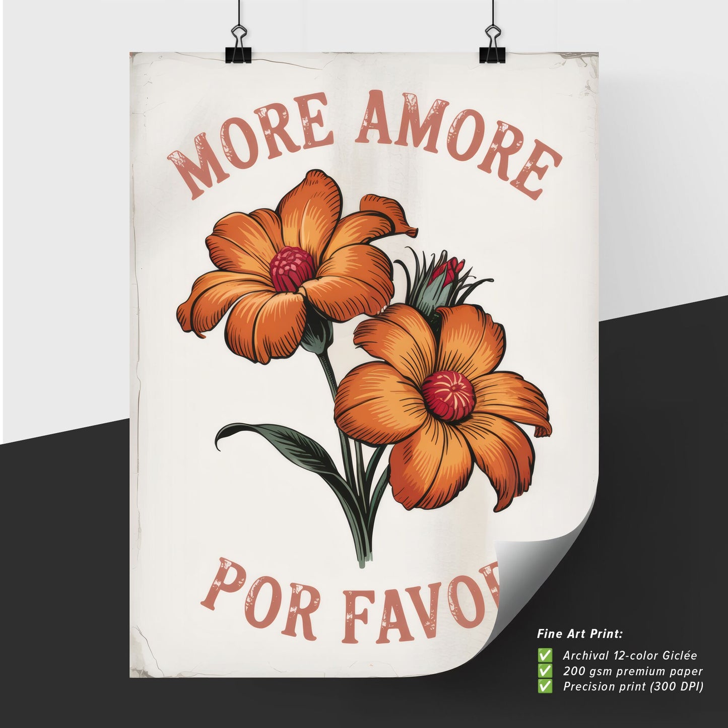 Vibrant Floral Art with Message: 'More Amore Por Favor' Capturing Love and Warmth in Vintage Style.