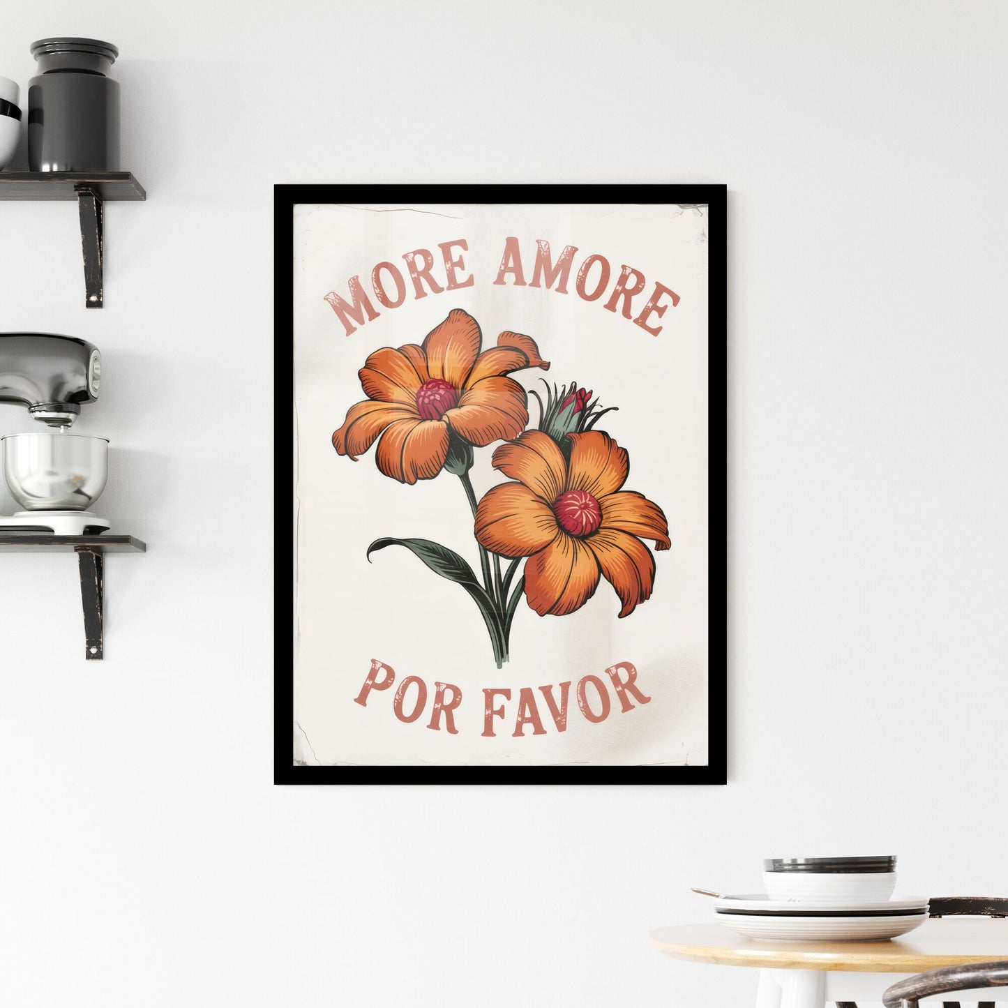 Vibrant Floral Art with Message: 'More Amore Por Favor' Capturing Love and Warmth in Vintage Style. Framed Print