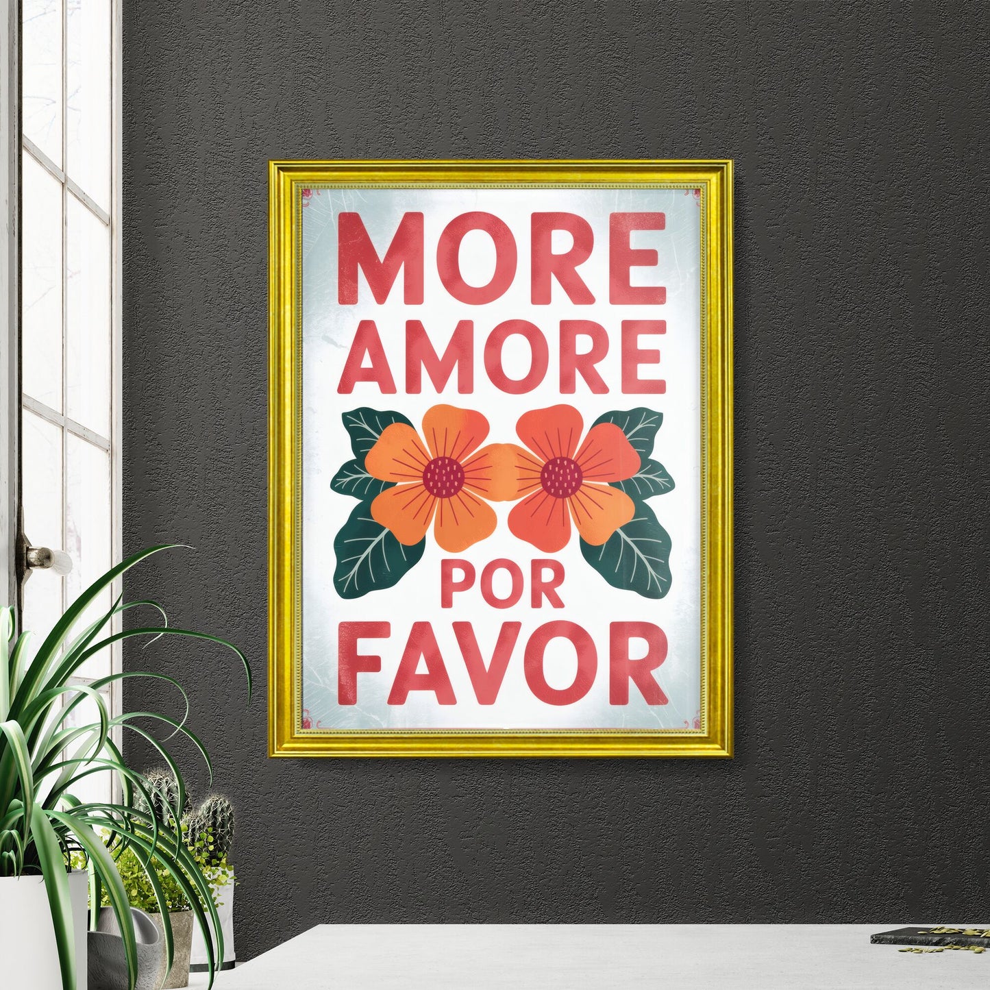 Vibrant Floral Design with Text: More Love, Please - A Celebration of Positivity and Affection.